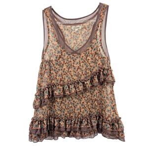 Cecico Brown Sheer Floral Ruffle Tiered Top Size LG Boho Flowy Romantic Cottage